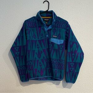 patagonia synchilla snap-t pullover in tribal geo true teal purple retro funk